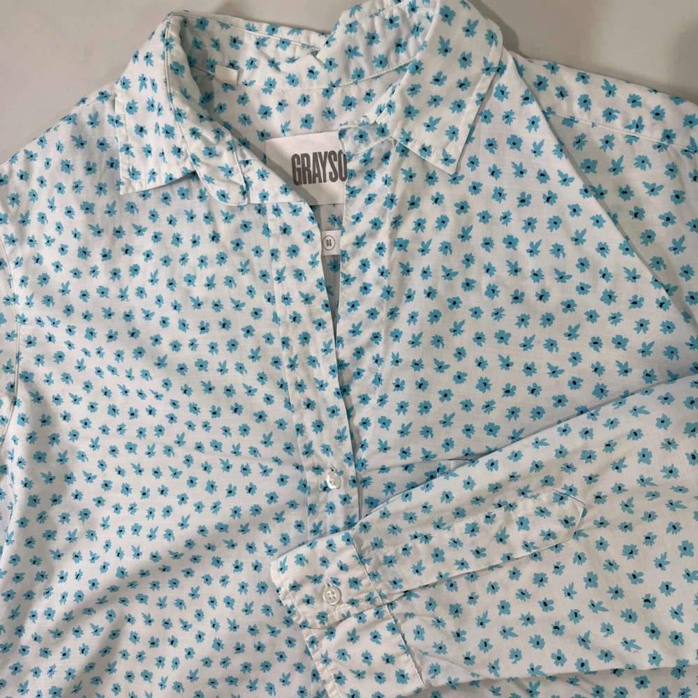 Grayson Button Down Shirt Women Size 03 Med The Hero Blue Floral Long Sleeve